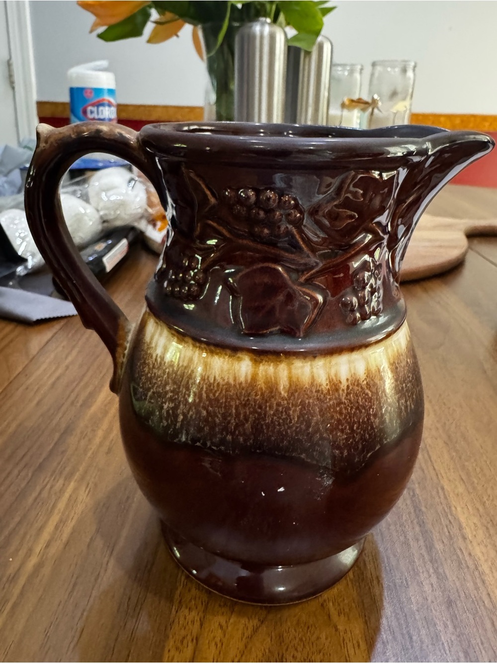 Brown Glazed Ceramic Pitcher with Fruit Motif